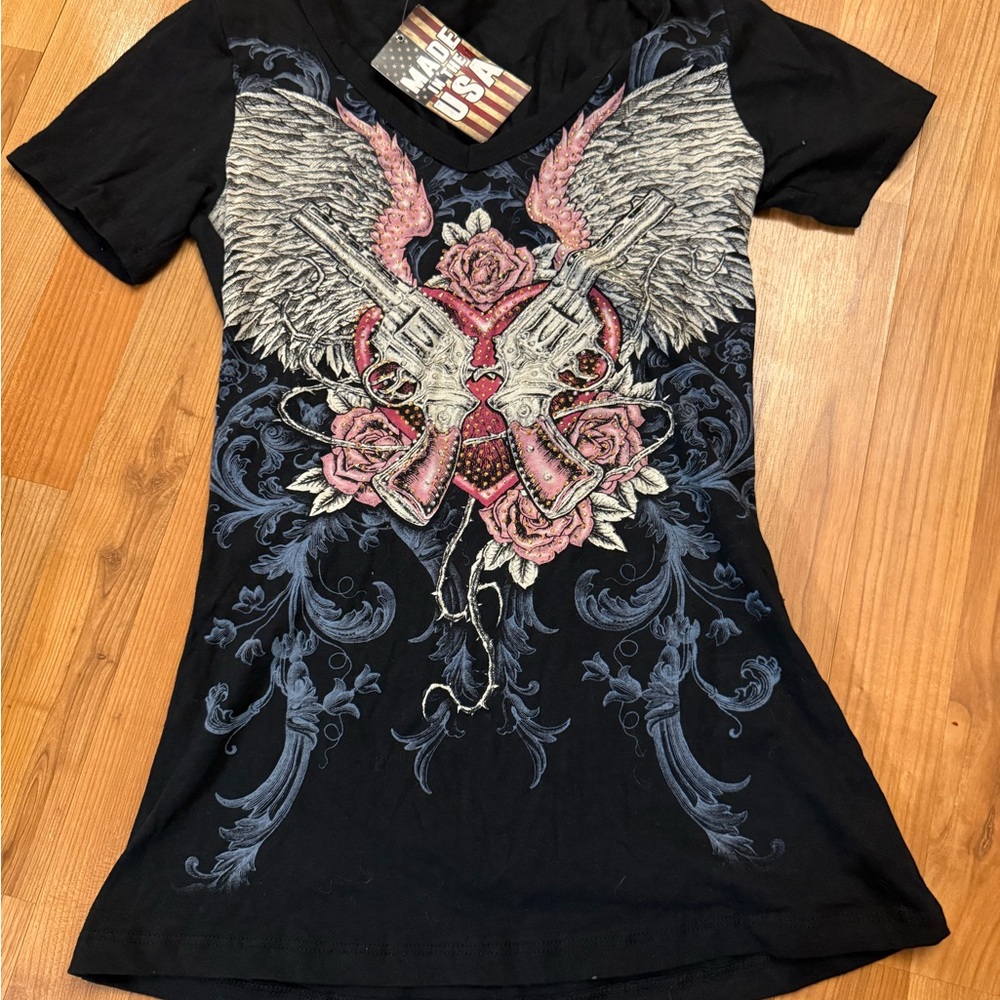 Edgy Black Graphic Tee with Wings and Roses
